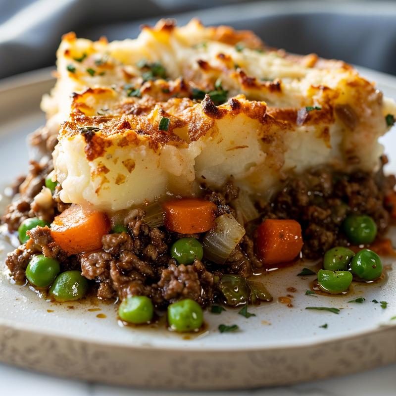 Close-up of Shepherd’s pie slice showing layers of beef, vegetables, and mashed potatoes.