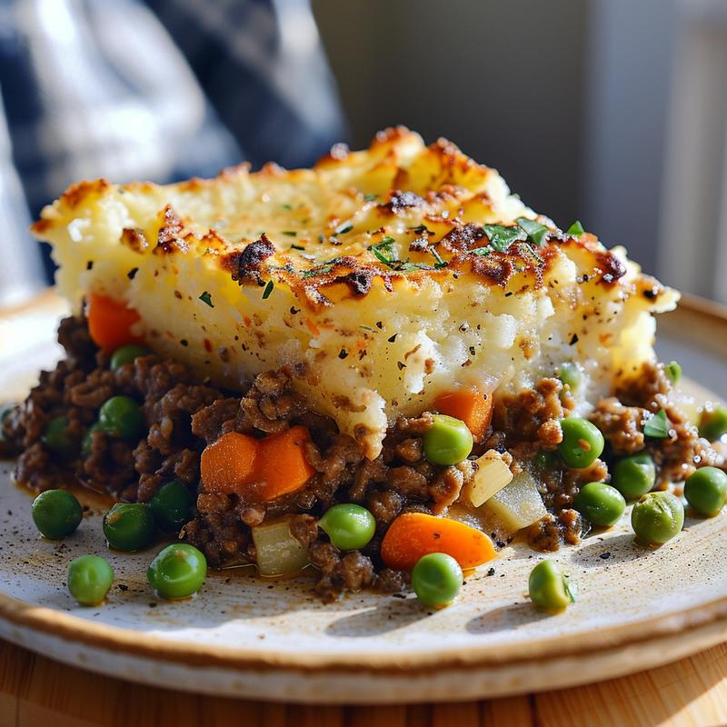 Close-up of shepherd's pie slice with visible meat, vegetables, and mashed potato topping.