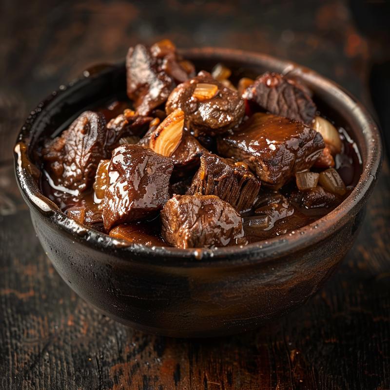 Close-up of slow-cooked beef bourguignon with visible beef cubes, onions, and sauce.