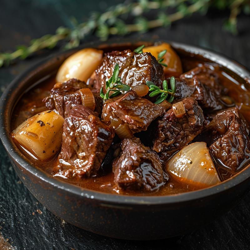 Close-up of beef bourguignon featuring beef cubes, onions, and garlic on a dark stone.