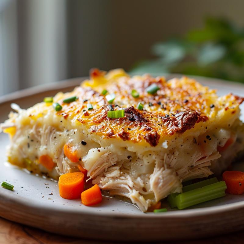Close-up of a slice of shepherd's pie featuring rotisserie chicken.
