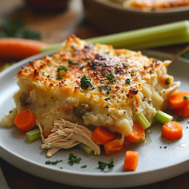Close-up of a slice of chicken shepherd's pie with visible chicken and vegetables.