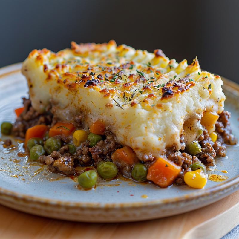 Close-up of a slice of cream cheese shepherd's pie on a light wood board.