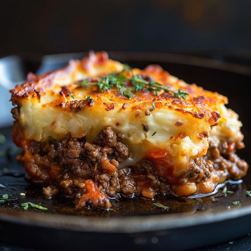 Close-up of a slice of shepherd's pie with visible ground beef and bacon.