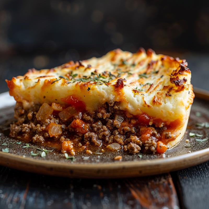 Close-up of a slice of shepherd's pie with visible ground beef and bacon.