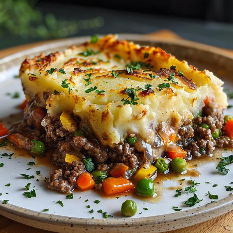 Close-up of shepherd's pie slice showing meat, vegetables, and mashed potato topping.