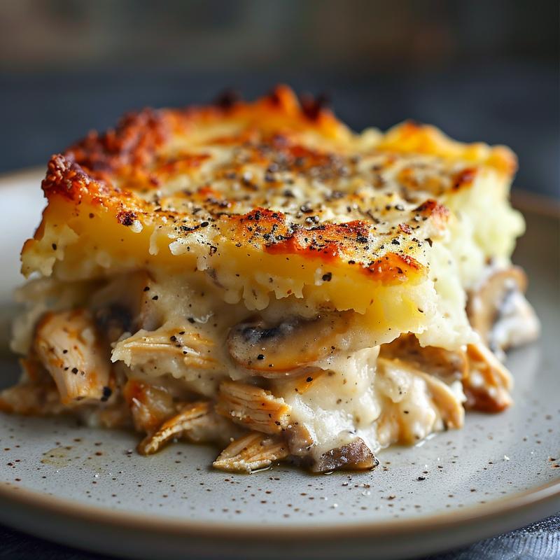 Close-up of a slice of chicken shepherd's pie on a plate.