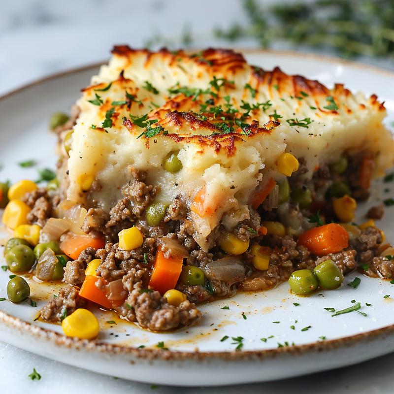 Close-up of sliced shepherd's pie with visible meat, vegetables, and mashed potato topping on a white plate.