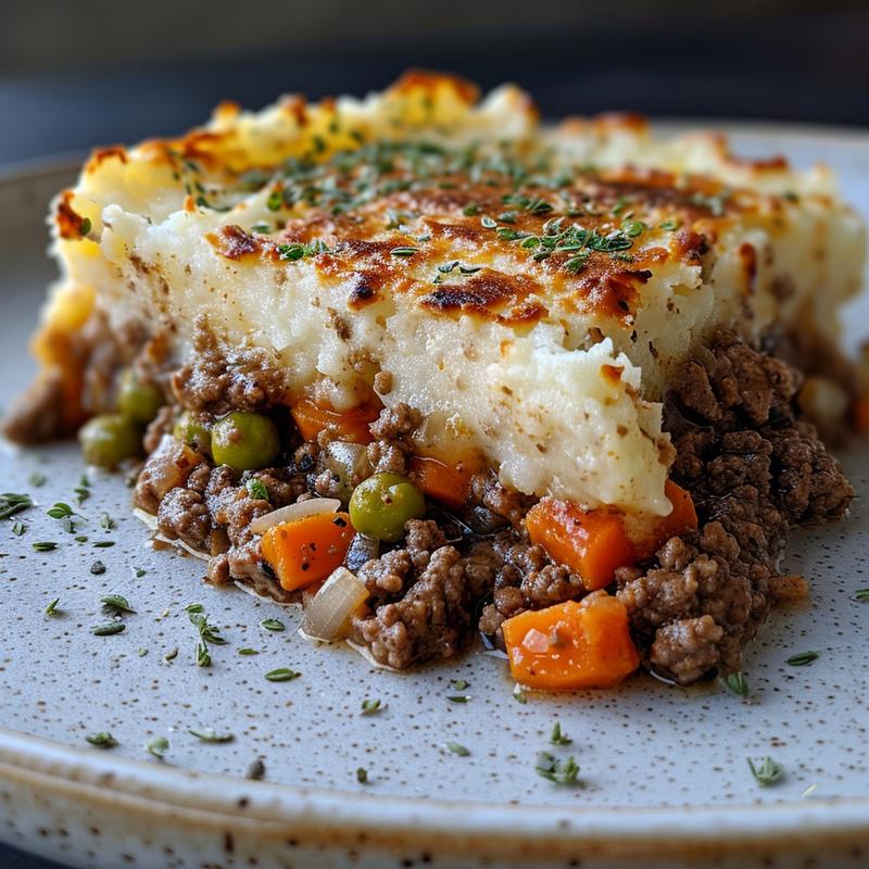 Close-up of shepherd's pie slice on a light grey plate.