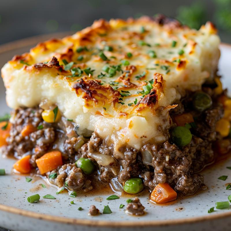 Close-up of a slice of shepherd's pie on a light grey plate.