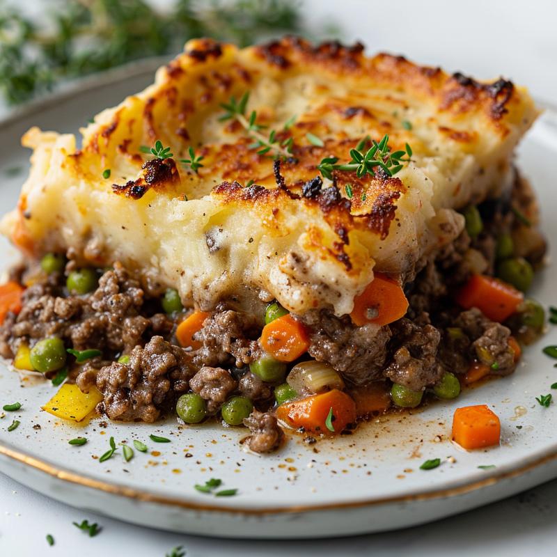 Close-up of shepherd's pie slice on white plate.