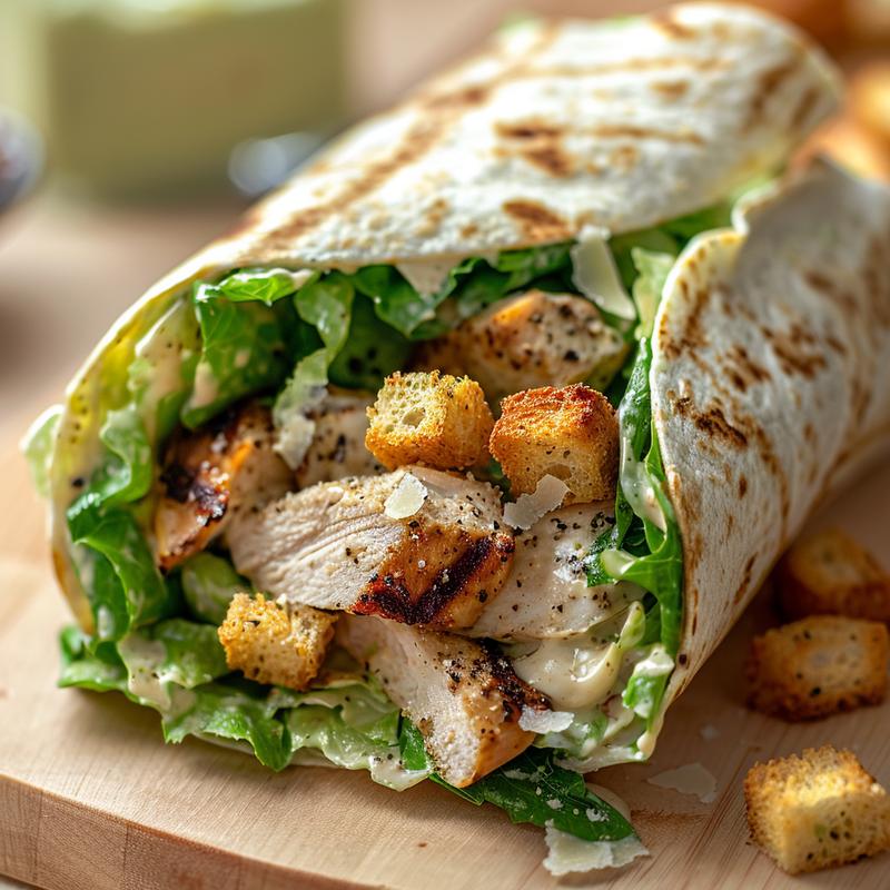 Close-up of a chicken Caesar wrap with visible ingredients.