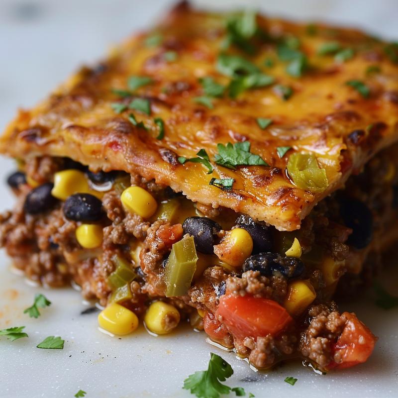 Close-up of gluten-free walking taco casserole showcasing ground beef, beans, corn, and tomatoes.