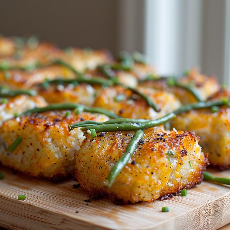 Close-up of green bean tater tot casserole on wood.