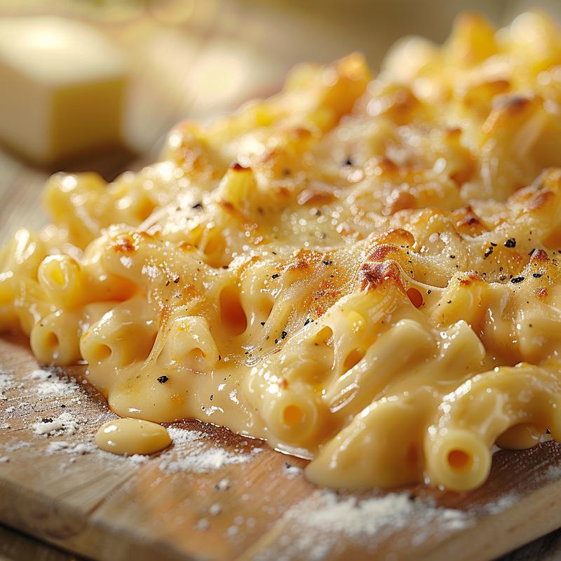 Close-up of cheesy macaroni, light wood background.
