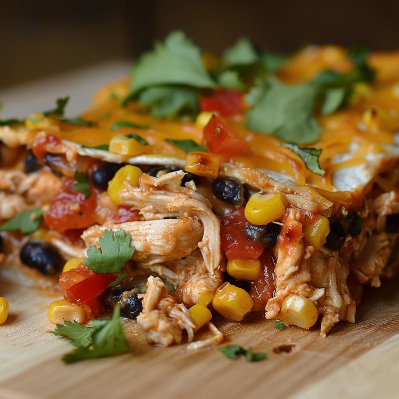 Close-up of chicken burrito casserole showing visible ingredients.