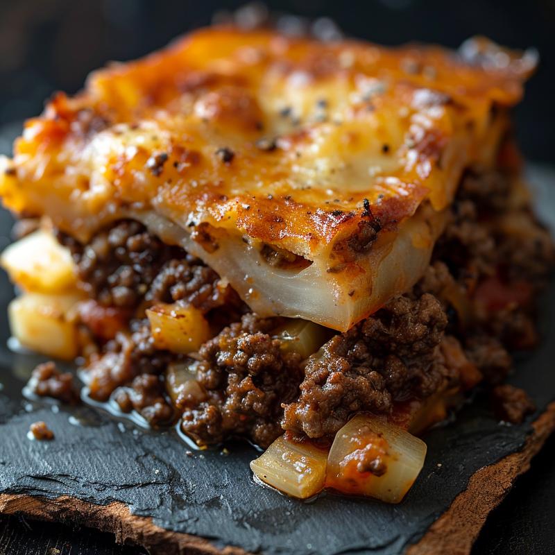 Close-up of gluten-free hamburger casserole on a slate plate.