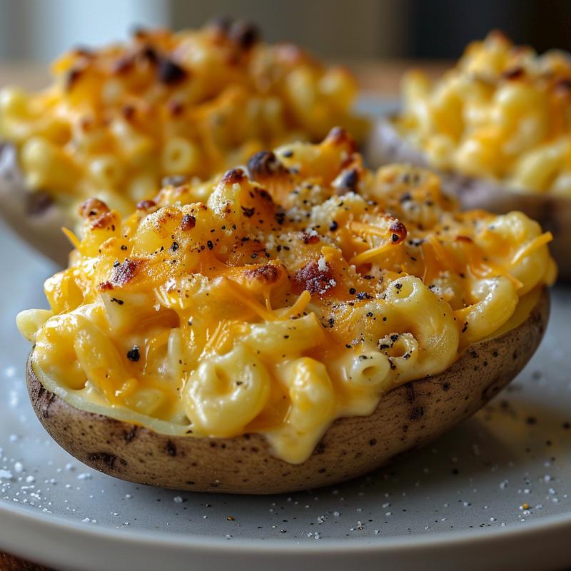 Macaroni and cheese stuffed baked potato on a gray plate.