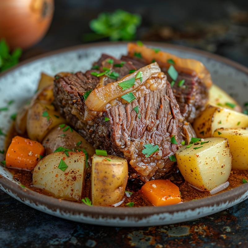 Close-up of Instant Pot corned beef with vegetables on a dark stone surface.