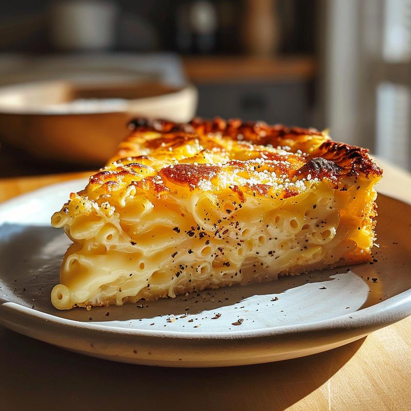 Close-up of a slice of mac and cheese cake on a light grey plate.