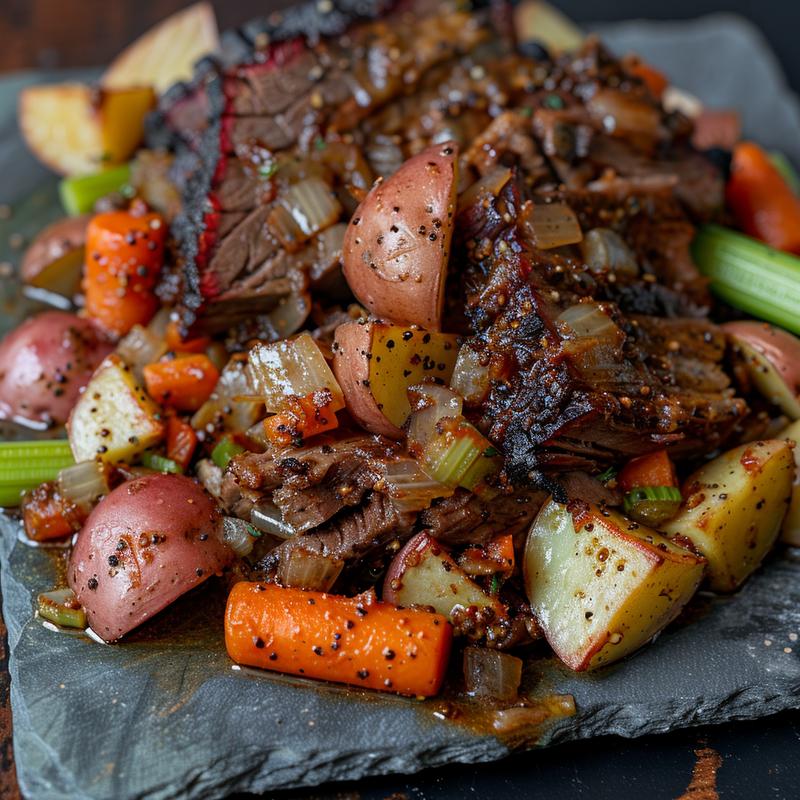 Close-up of corned beef dinner with visible beef, potatoes, carrots, and celery on a slate plate.