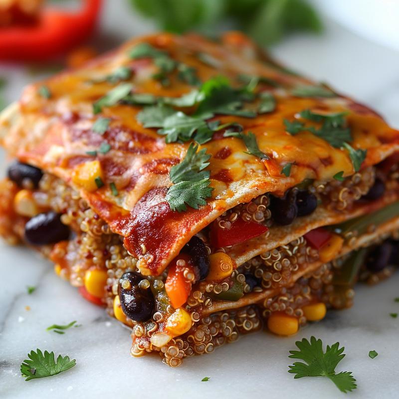 Close-up of a vibrant Mexican quinoa enchilada bake.