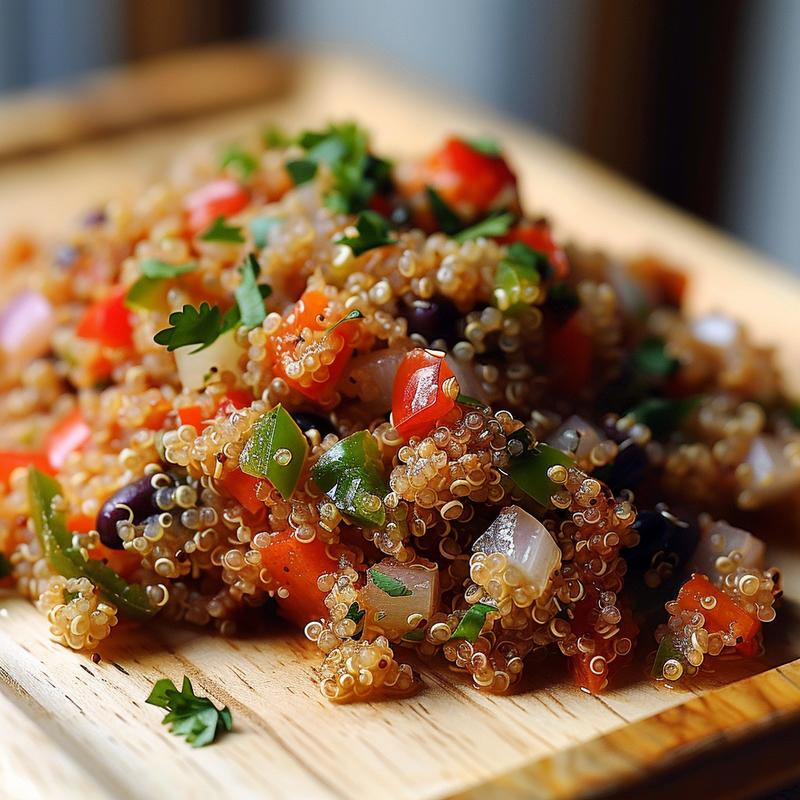 Close-up of vibrant Mexican quinoa with visible vegetables on wood.