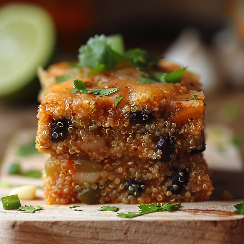 Close-up of a vibrant Mexican quinoa casserole on a light wood board.