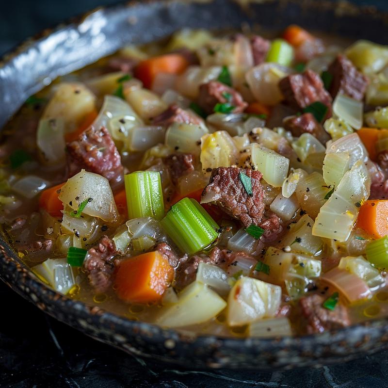 Close-up of corned beef and cabbage chowder in a bowl, dimly lit.