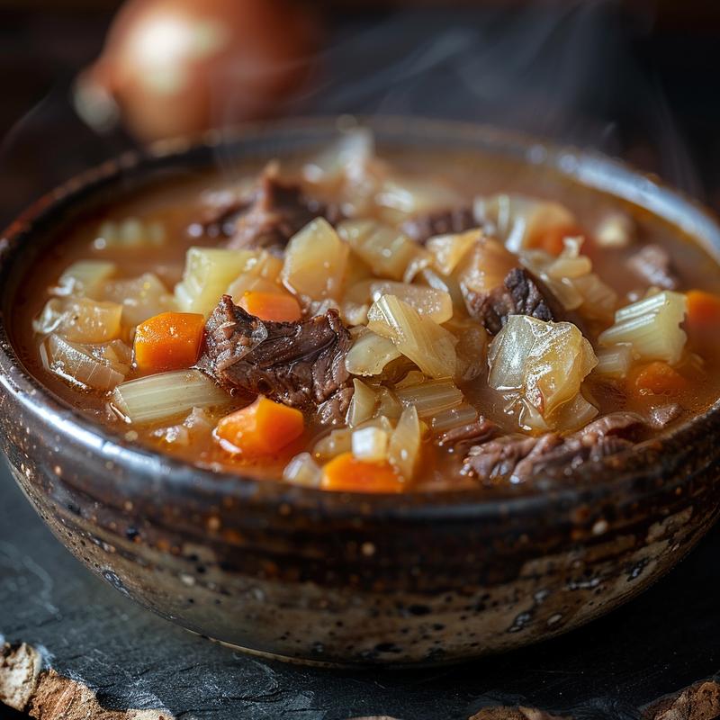 Close-up of corned beef and cabbage soup in a bowl.