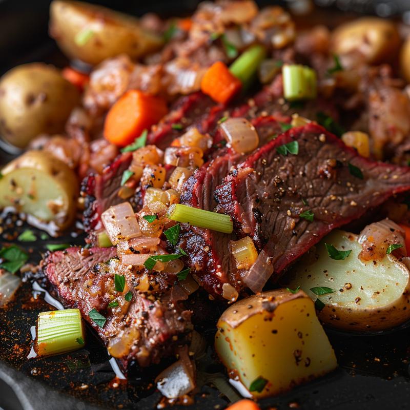 Close-up of corned beef and cabbage on a dark surface.