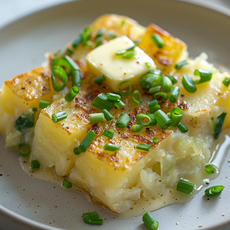 Close-up of creamy white colcannon with visible green cabbage and scallions on a gray plate.