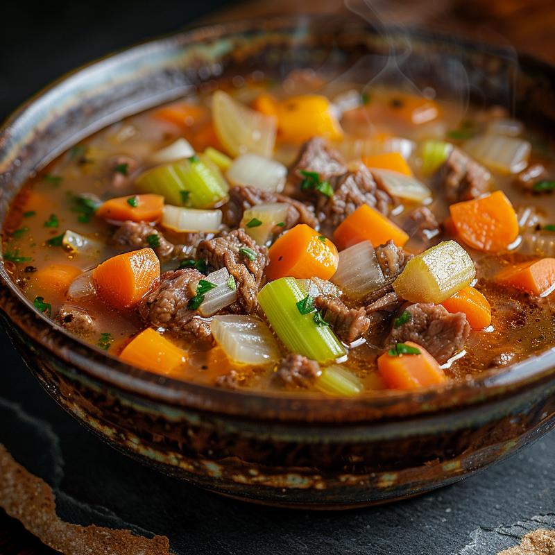 Close-up of steaming corned beef vegetable soup in a slate bowl.