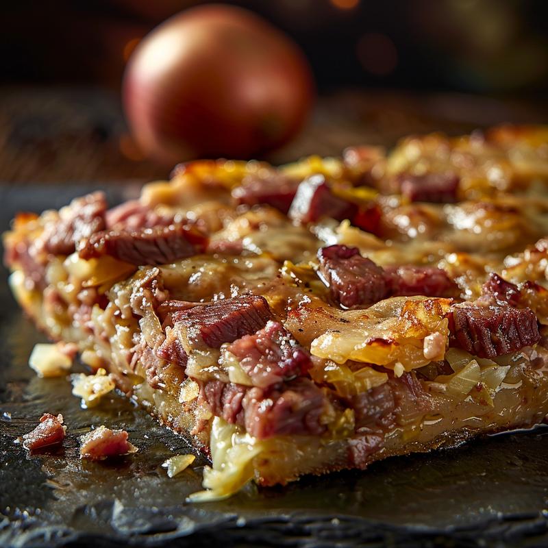 Close-up of corned beef and cabbage casserole with visible ingredients.