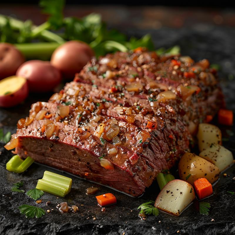 Close-up of corned beef and cabbage with visible ingredients.