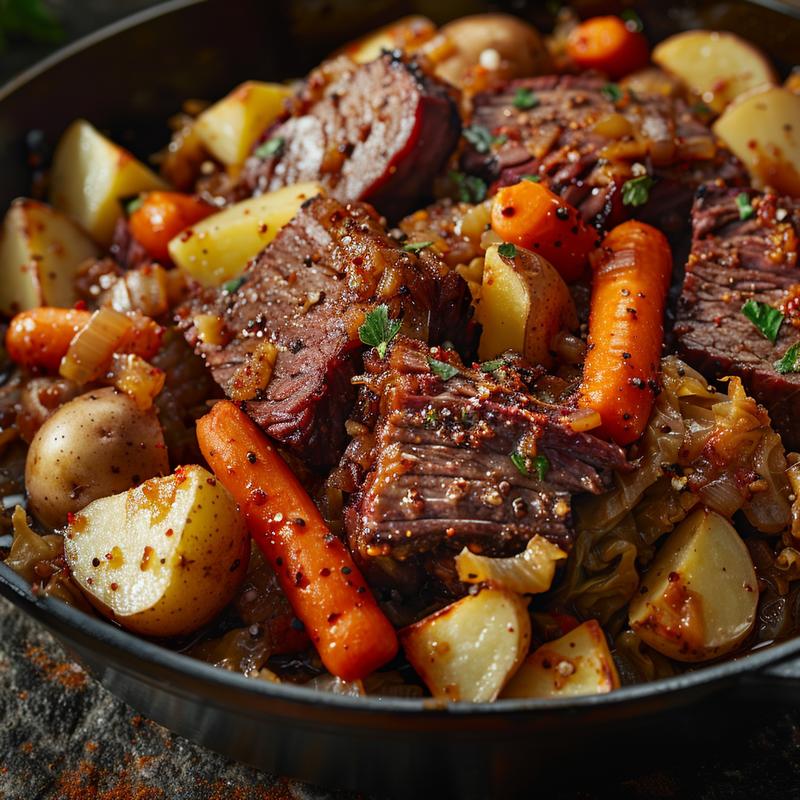 Close-up of corned beef and cabbage with root vegetables.
