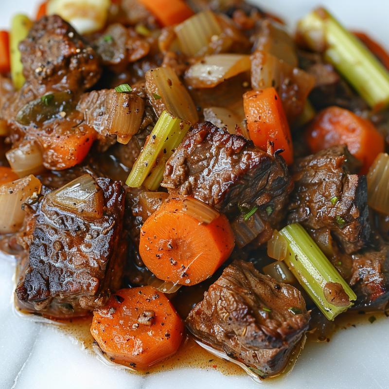 Close-up of Tuscan beef casserole with vegetables on marble.