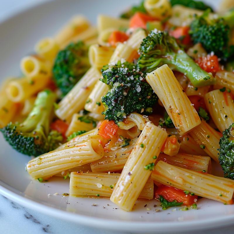 Close-up of pasta primavera with broccoli, carrots, and garlic.