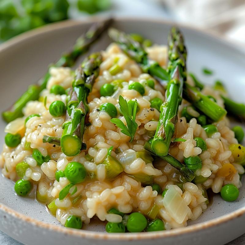 Close-up of creamy green risotto with visible asparagus and peas.