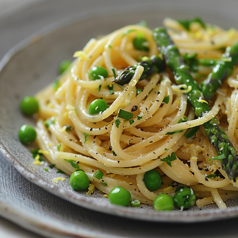 Close-up of lemon herb pasta with asparagus and peas on a light gray plate.