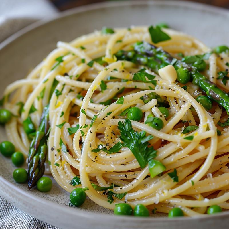 Close-up of lemon herb pasta with asparagus and peas on a light grey plate.