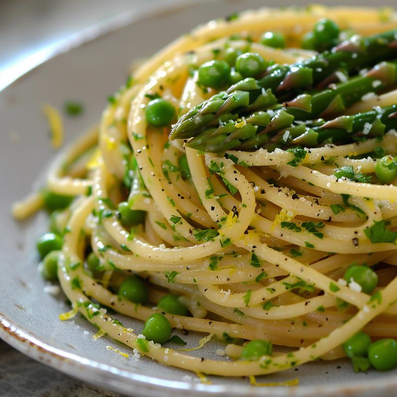 Close-up of lemon herb pasta with asparagus and peas on a light grey plate.