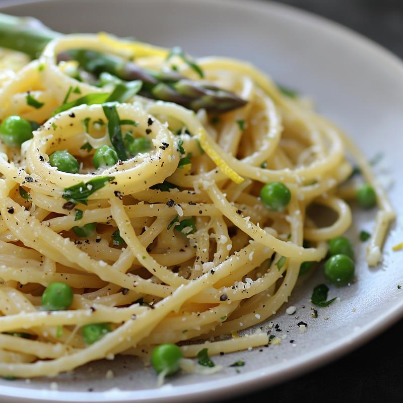 Close-up of lemon herb pasta with asparagus and peas on a light grey plate.