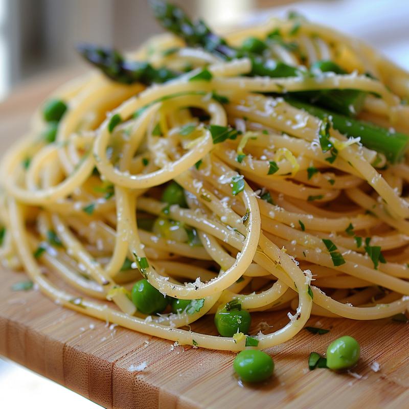 Close-up of lemon herb pasta with asparagus and peas.