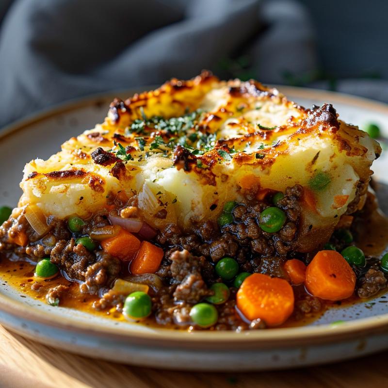 Close-up of Cheesecake Factory Shepherd's Pie with visible layers of ground beef, vegetables, and mashed potatoes.
