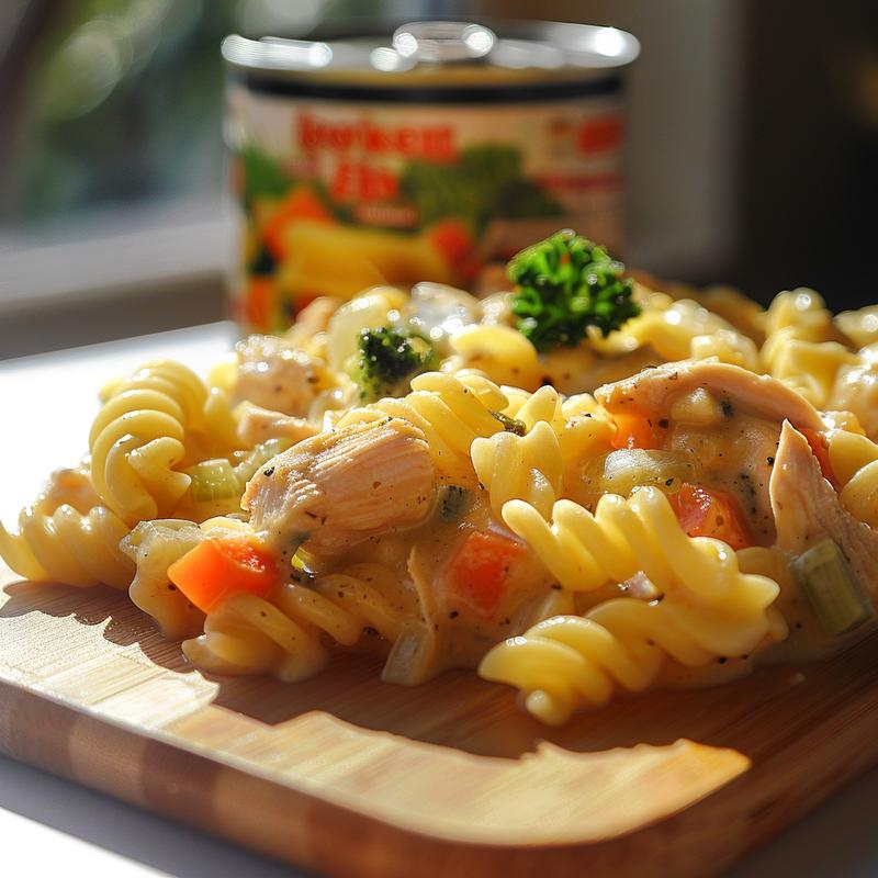 Close-up of chicken noodle casserole with visible noodles, chicken, and vegetables on a light wood board.