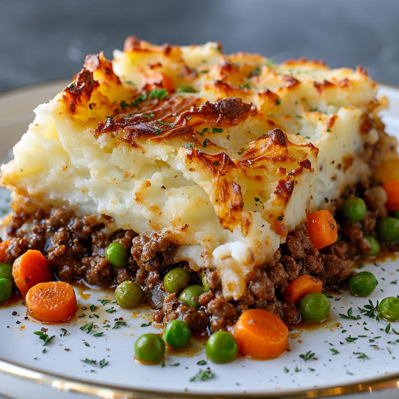 Close-up of Shepherd's Pie slice, showing layers of meat, vegetables, and mashed potatoes.