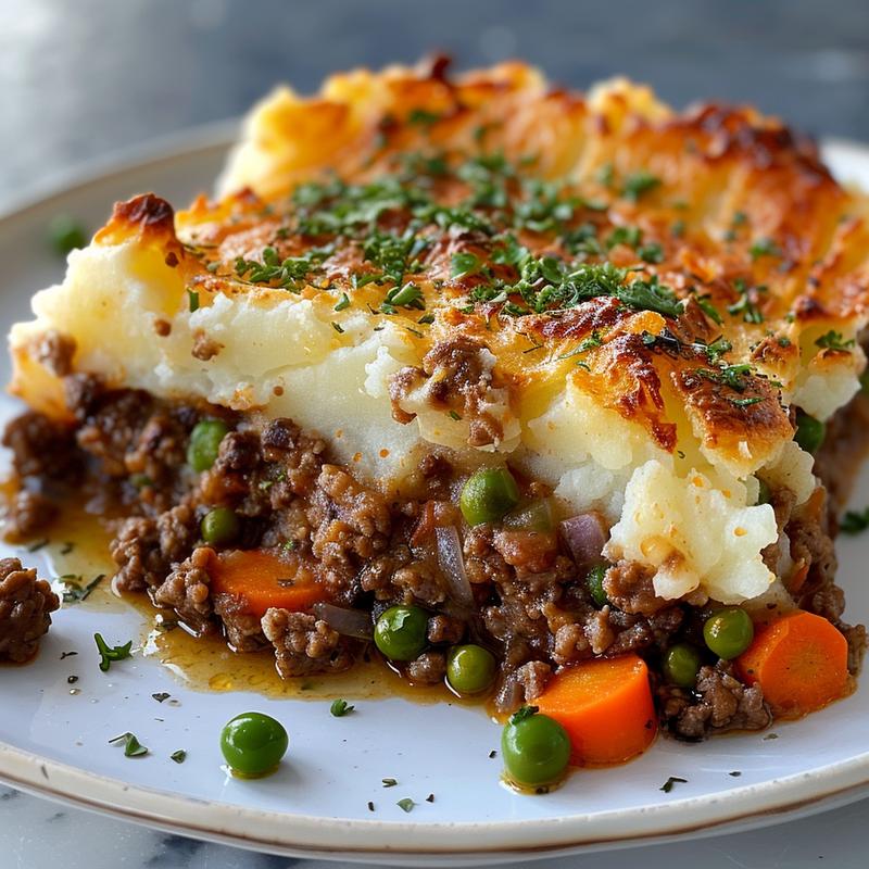 Close-up of Shepherd’s pie slice showing layers of beef, vegetables, and mashed potatoes.