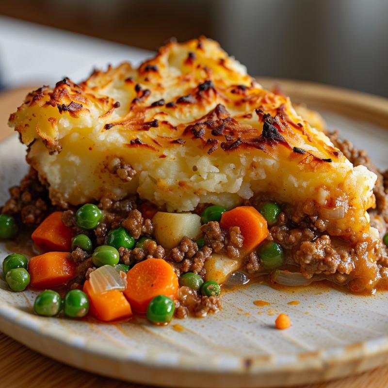 Close-up of shepherd's pie slice with visible meat, vegetables, and mashed potato topping.