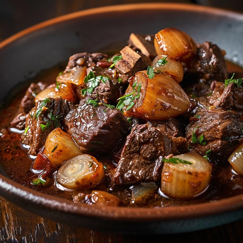 Close-up of slow-cooked beef bourguignon with visible beef cubes, onions, and sauce.